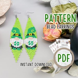 May include: A pair of beaded earrings in a St. Patrick's Day theme. The earrings are green with a leprechaun design in green, white, and black. The text "PATTERN BEAD EARRINGS" and "INSTANT DOWNLOAD" are visible.