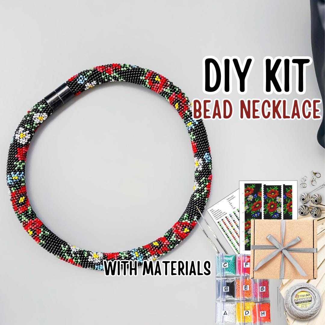KIT to Make Bead Crochet black necklace rope with red poppies - Crochet Seed bead rope craft kit - Jewelry making KIT - DIY Adult Craft Gift