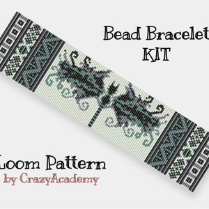 May include: A bead loom bracelet kit featuring a black and green dragonfly design with a white background. The kit includes a loom pattern by CrazyAcademy.