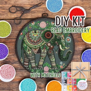 DIY Indian Elephant Bead Embroidery Kit Eastern Art Canvas Embroidery DIY Beaded Green Elephant Needlepoint Craft Beading Kit Wall Art Decor