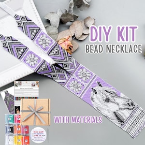 May include: A DIY bead necklace kit with materials. The necklace design features a geometric pattern in purple, black, and white, with a horse head at the end. The kit includes beads, a box, and instructions. The text "DIY KIT BEAD NECKLACE WITH MATERIALS" is visible.