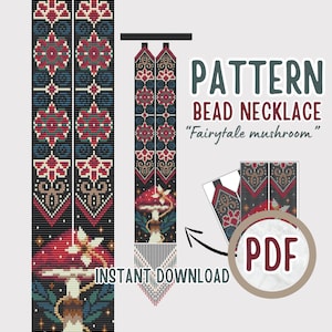 Könnte beinhalten: Ein digitales Download-Muster für eine Perlenkette mit einem märchenhaften Pilz-Design. Das Muster ist im PDF-Format und enthält eine farbige Illustration der fertigen Kette.