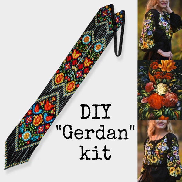 DIY Kit to make Black Gerdan Fringe - Seed Bead ethnic flowers Necklace Pattern - Loom Jewelry make - Loomwork tutorial kit - boho hippie