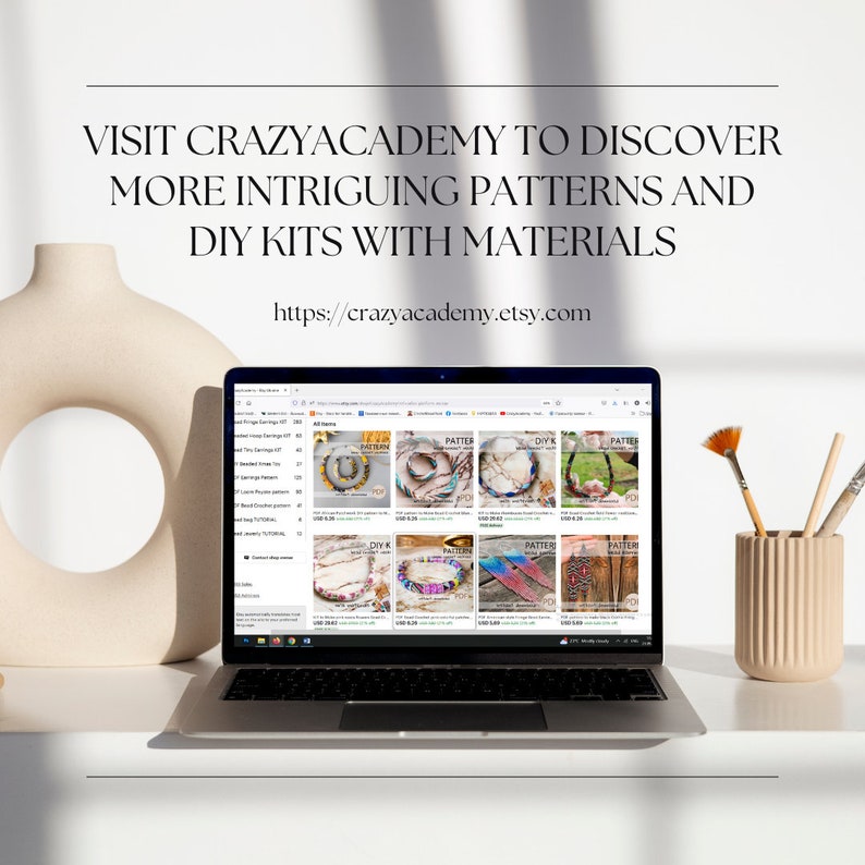 May include: A laptop displaying an Etsy shop with jewelry patterns and DIY kits. The screen shows various colorful designs. Text above reads "VISIT CRAZYACADEMY TO DISCOVER MORE INTRIGUING PATTERNS AND DIY KITS WITH MATERIALS" and the Etsy shop URL.