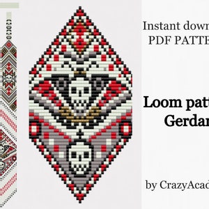 May include: A digital pattern for a loom-knitted necklace with a skull and crossbones design. The pattern is in red, white, black, and grey. The pattern is called "Gerdan" and is by CrazyAcademy.
