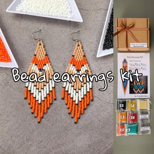 DIY Kit Indian Style Fringe Beading Earrings - orange fox Earrings Pattern - beige earrings making Adult Craft - Brick stitch tutorial kit