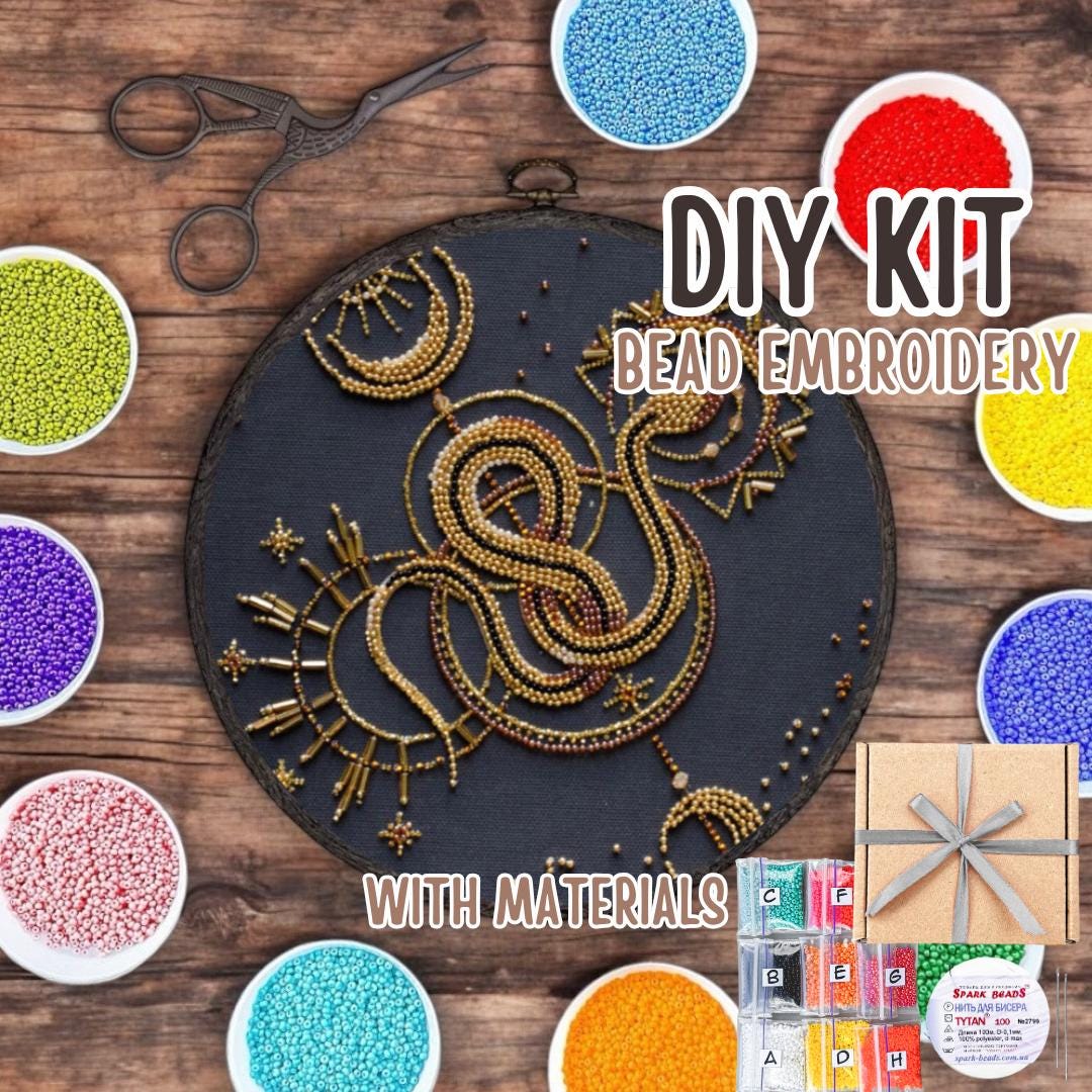 DIY Gold snake talisman Bead Embroidery Kit on art canvas, Snake moon amulet Craft Needlepoint kit, Beading Snake, beadwork Wall Art Decor