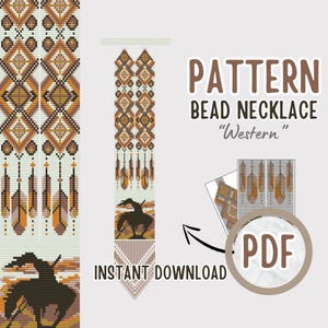 May include: A digital PDF pattern for a bead necklace with a Western theme. The design features geometric patterns, feathers, and a silhouette of a cowboy on a horse. The pattern is available for instant download.
