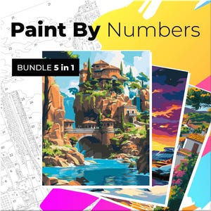 5 páginas para colorear por números de carteles de viajes, páginas para colorear digitales, paquete de pintura por números, libro para colorear para adultos de Procreate, paisajes CBN