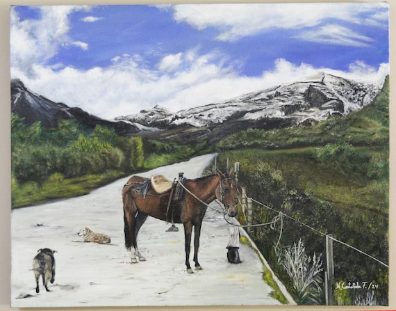 Oil Painting Nevado del Ruiz Colombia with horse and dog