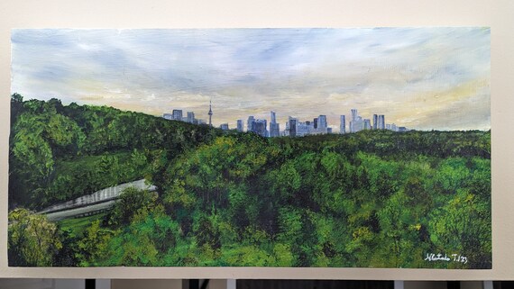 Oil painting of Toronto skyline from Millwood bridge