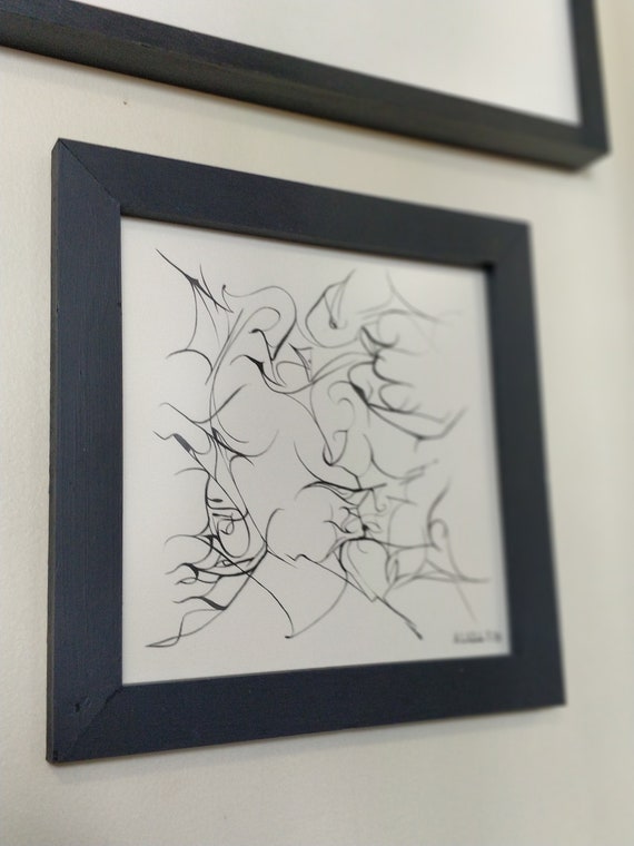 Pen & Ink Abstract handmade line drawing ink and paper with contemporary frame