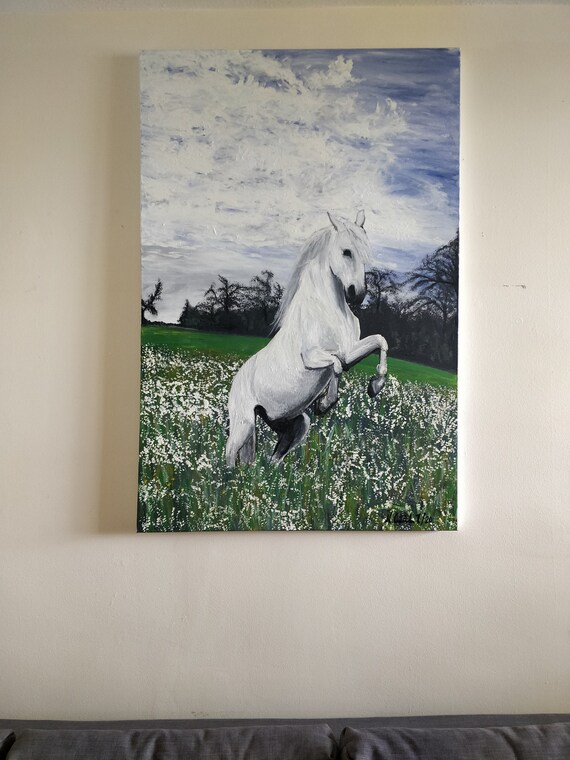 Large original painting of a rearing white horse on canvas