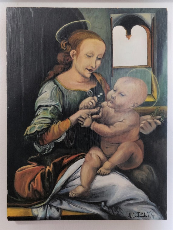 Leonardo da Vinci Madonna and Child study in oils on woodboard original painting
