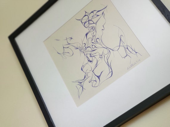 Pen & Ink Line art original drawing of Blue face Mask