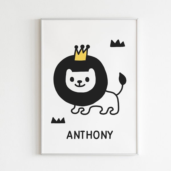 Black and White Personalized Print - Boys Nursery Print - Lion Wall Art - Custom Name Poster - Scandinavian Nursery - Minimalist Animal Art