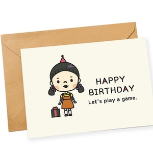 Tarjeta de cumpleaños del juego del calamar - Tarjeta de cumpleaños de Netflix - Tarjeta 오징어 게임 - Tarjeta de muñeca de luz verde roja- Tarjeta divertida del juego del calamar - Cumpleaños imprimible