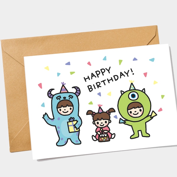 Monsters Inc Birthday Card - Mike, Sulley and Boo Card - Printable Birthday Card - Children in Monster Costumes - Funny Birthday Card