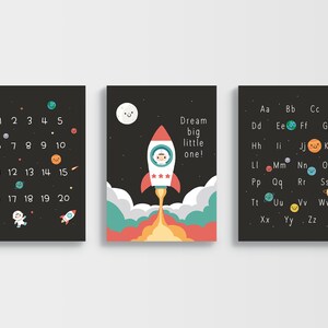 Space Wall Art Set of 3 - Space Themed Number Poster - Dream Big Rocket Poster - Space Alphabet - Children Room Wall Decor- INSTANT DOWNLOAD