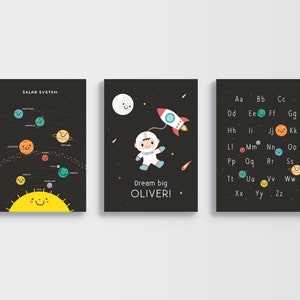 Custom Space Wall Art Set of 3 - Baby Name Print - Solar System Poster - Space Alphabet - Personalized Astronaut - INSTANT DOWNLOAD