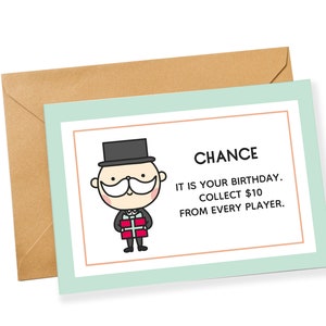 Afdrukbare Monopoly-verjaardagskaart - Bordspel-verjaardagskaart - Monopoly Chance Card - Afdrukbare grappige verjaardagskaart - Monopoly-wenskaart