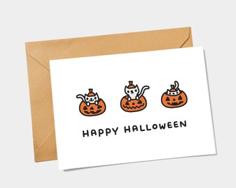 おもしろい子猫のハロウィンカード - ジャック・オー・ランタンの猫たち（印刷可能なカード）