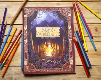Puede incluir: Un libro rojo con una ilustración colorida de un grupo de personas alrededor de una fogata. El título del libro es "Bobards de Montagards" y el subtítulo es "L'HISTOIRE PAS EN COULEURS 1".