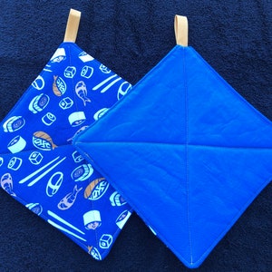 Quilted Handmade Potholders, Blue / Gold Sushi Hot Pad Set, Handmade Hostess or Housewarming Gift
