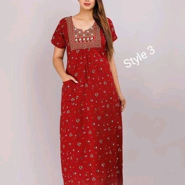 Printed Designer Embroidered Regular Fit Casual Maxi Night Dress Wear any Time session Comfortable Cotton Nighty Free Size For Girl Woman