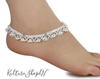 Indian White Metal Anklets, Payal Pair for Women and Girls, Silver Plating Attached Ghungroo, Barefoot Foot Jewellery