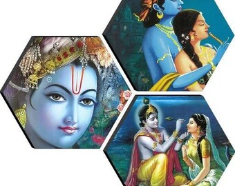 Printed God Krishna Set of 3 Hexagon Kanha Ji MDF Board UV Textured Painting 17 Inch X 17 Inch