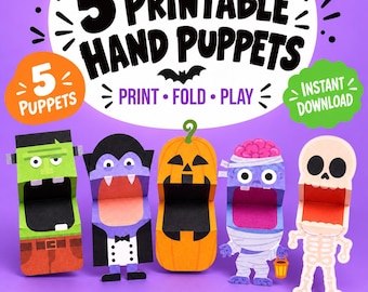 May include: Five printable paper hand puppets featuring Halloween characters: a green monster, a purple vampire, an orange pumpkin, a wrapped mummy, and a white skeleton. The text reads 5 PRINTABLE HAND PUPETS, 5 PUPPETS, PRINT FOLD PLAY, and INSTANT DOWNLOAD.