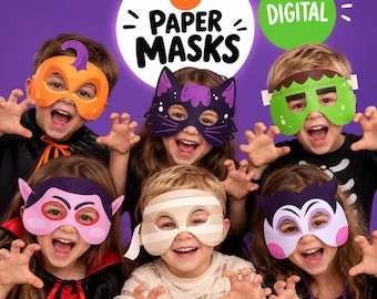 May include: A set of 6 digital paper masks featuring Halloween-themed designs including a pumpkin, a black cat, a green monster, a vampire, a mummy, and a bat. The text 6 PAPER MASKS and DIGITAL is displayed in the center of the image.
