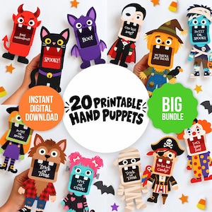 May include: A collection of 20 printable paper hand puppets featuring various Halloween characters including a devil, cat, bat, vampire, scarecrow, mummy, werewolf, monster, pirate, and clown, each with a mouth area displaying text.