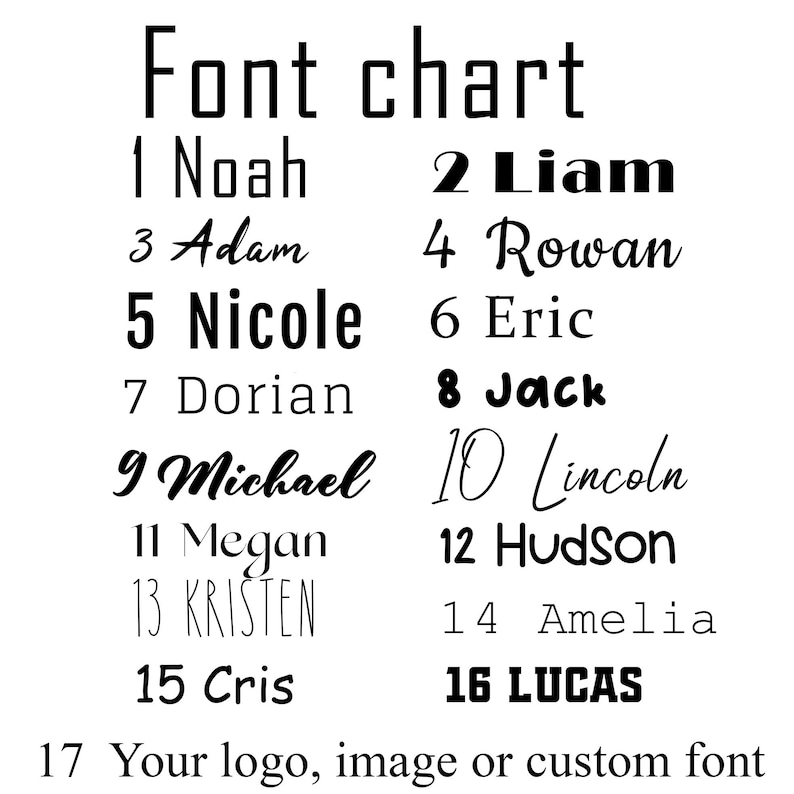 May include: A font chart displaying 17 different fonts, numbered 1 to 17. The fonts are shown in black text on a white background. The chart includes names such as Noah, Liam, Adam, Rowan, Nicole, Eric, Dorian, Jack, Michael, Lincoln, Megan, Hudson, Kristen, Amelia, Cris, and Lucas. The final font option is "Your logo, image or custom font".