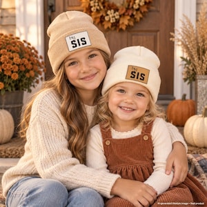 Big Sis Little Sis Beanies, Matching Sister Hats with Leather Patch, Pregnancy Announcement Gift, Baby Toddler Kids Winter Hat