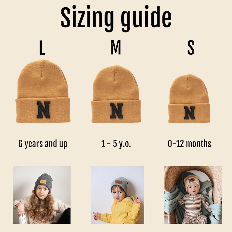 May include: Sizing guide for a brown knit beanie with a black letter N on the front. The beanie is available in three sizes: small, medium, and large. The image shows a child wearing each size beanie.