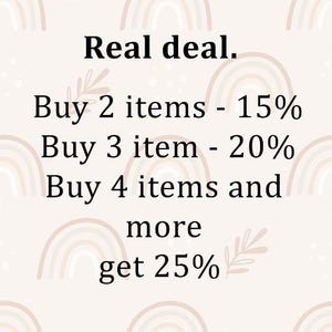 K&ouml;nnte beinhalten: Textgrafik mit einem Regenbogenhintergrund und dem Text "Real deal."  Kaufe 2 Artikel - 15% Kaufe 3 Artikel - 20% Kaufe 4 Artikel und mehr, erhalte 25%.