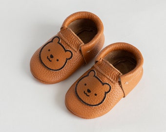 Taddy Bear, Leather Baby Shoes, Personalized Moccasins With Soft Sole, Newborn, Infant, Toddler, Birthday, Baby Shower Gift