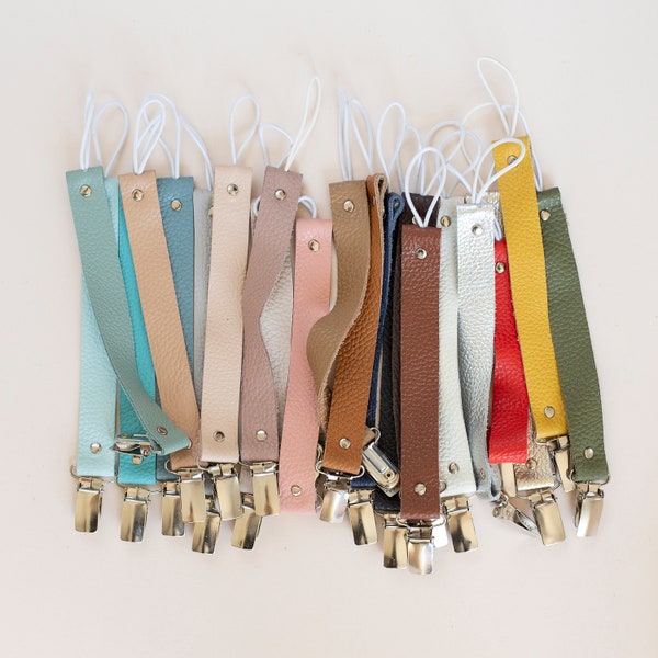 Pacifier Leather Clips, Custom Name, Binky Clip Holder, Pacifier Holder, Chain, Baby, Dummy Holder, Boy, Girl, Binky Linen Holder