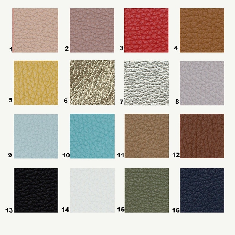 Peut inclure: Un nuancier de 16 &eacute;chantillons de cuir de diff&eacute;rentes couleurs et textures, notamment rose clair, gris, rouge, marron, jaune, or, argent, bleu clair, turquoise, beige, marron fonc&eacute;, noir, blanc, vert et marine.