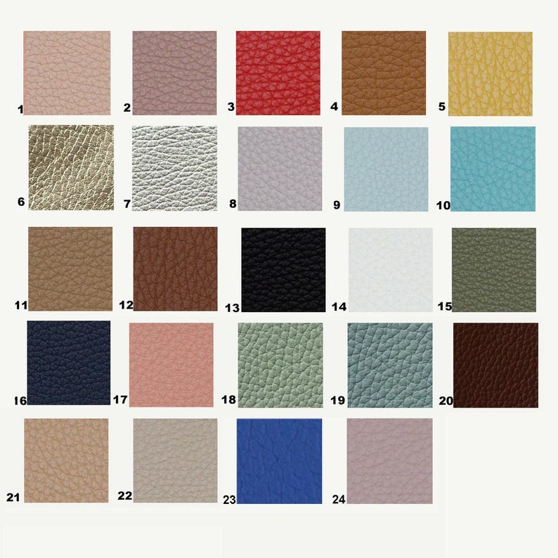 May include: A color palette of 24 leather swatches, each in a square shape. The colors range from light pink to dark brown and black, with shades of blue, green, and yellow. The swatches are numbered 1 through 24.