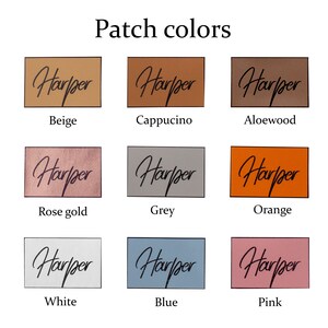 May include: Nine colour swatches with the word "Harper" written in black script on each. The colours are beige, cappuccino, aloewood, rose gold, grey, orange, white, blue, and pink.