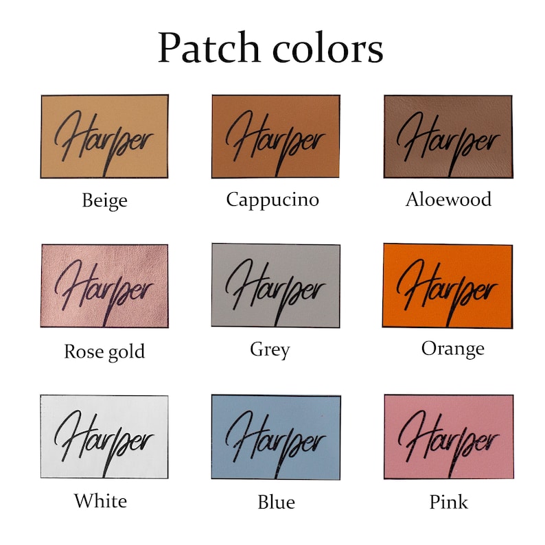 May include: Nine colour swatches with the word "Harper" written in black script on each. The colours are beige, cappuccino, aloewood, rose gold, grey, orange, white, blue, and pink.