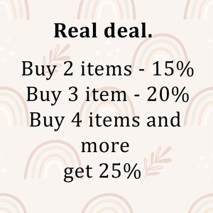 Peut inclure: Texte graphique avec un fond arc-en-ciel et le texte "Real deal."  "Buy 2 items - 15%"  "Buy 3 item - 20%"  "Buy 4 items and more get 25%"