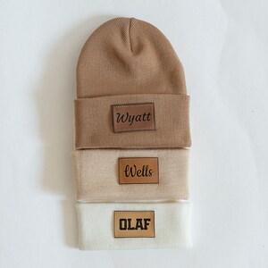 Custom Baby Beanie | Toddler Hat Kids Youth Child Infant Newborn Gift | Name Hat | Engraved Leather Patch | Personalized Baby Gift | Slouchy