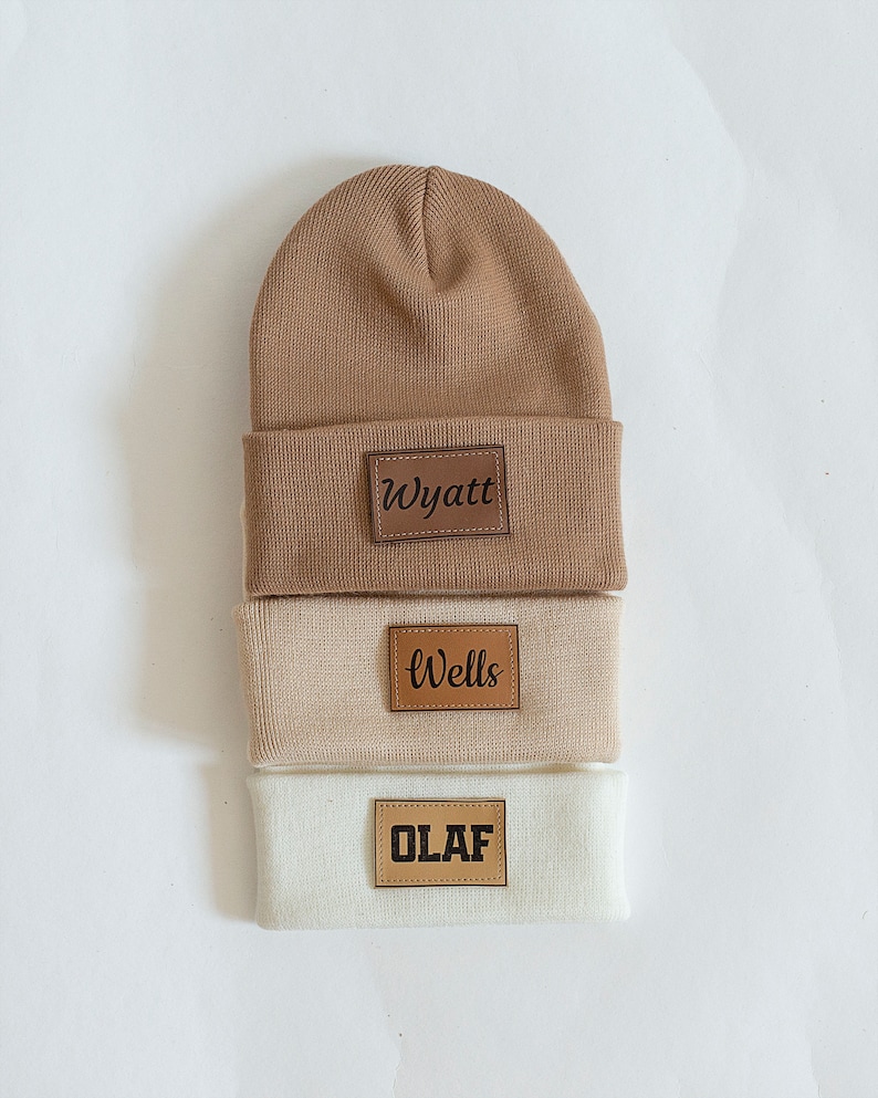 Custom Baby Beanie | Toddler Hat Kids Youth Child Infant Newborn Gift | Name Hat | Engraved Leather Patch | Personalized Baby Gift | Slouchy