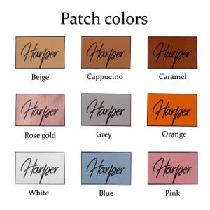 K&ouml;nnte beinhalten: Neun Farbmuster mit dem Wort "Harper" in schwarzer Schrift auf jedem. Die Farben sind beige, cappuccino, karamell, ros&eacute;gold, grau, orange, wei&szlig;, blau und pink.