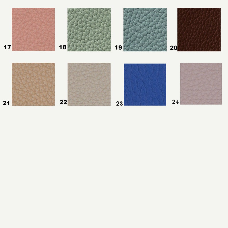 Peut inclure: Un ensemble de 8 &eacute;chantillons de cuir de diff&eacute;rentes couleurs, dont le rose, le vert, le bleu, le marron, le beige et le gris. Les &eacute;chantillons sont num&eacute;rot&eacute;s de 17 &agrave; 24.