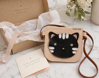 Personalized Leather Cat Purse for Girls, Custom Kids Crossbody Bag